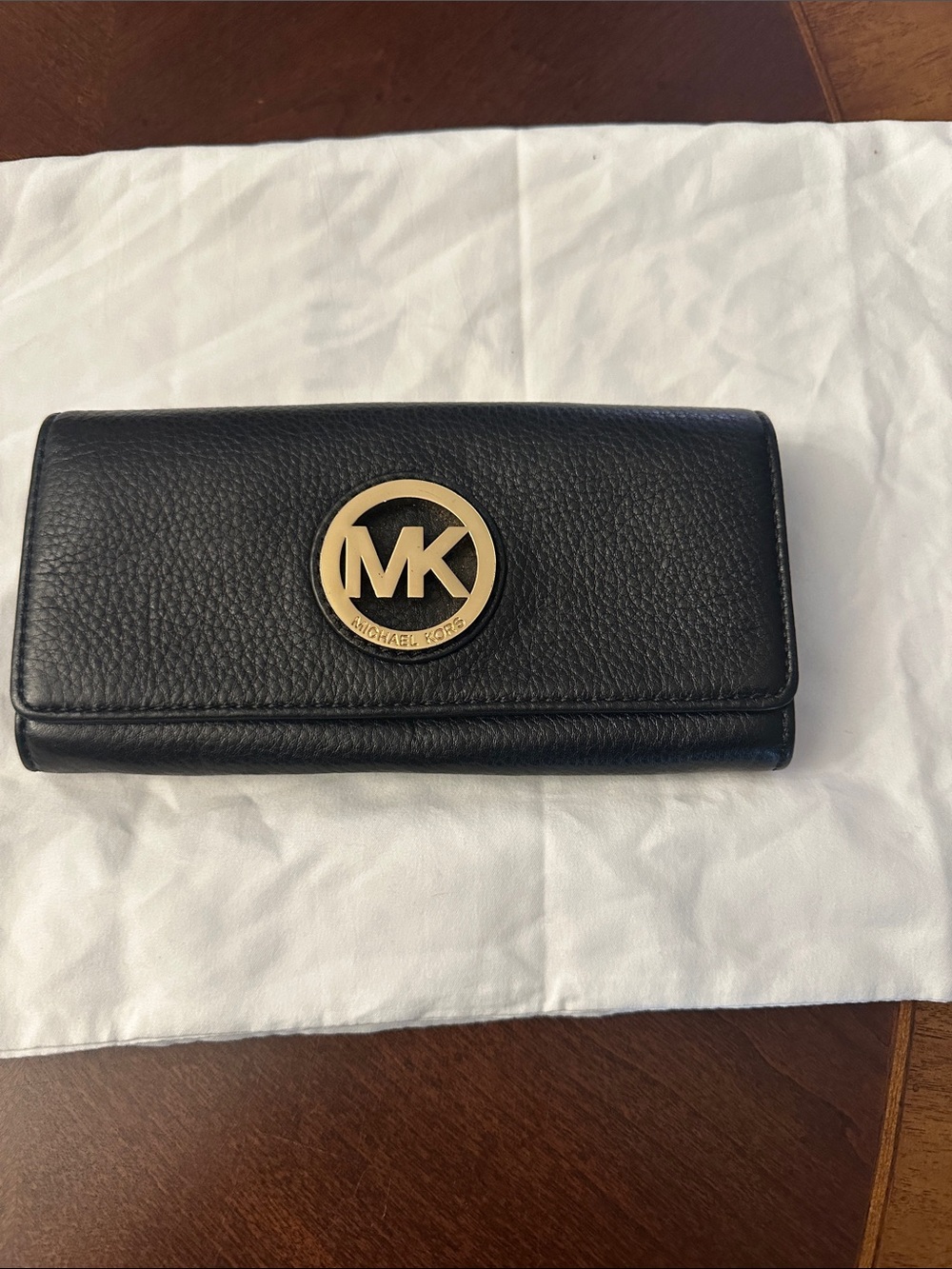 Michael Kors Black Pebbled Leather Continental Wallet with Gold MK Emblem